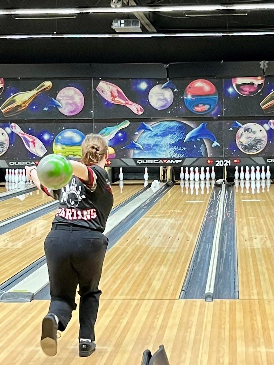 Pleasant's Peyton Walters competed during a girls bowling match at Bluefusion against River Valley last week.