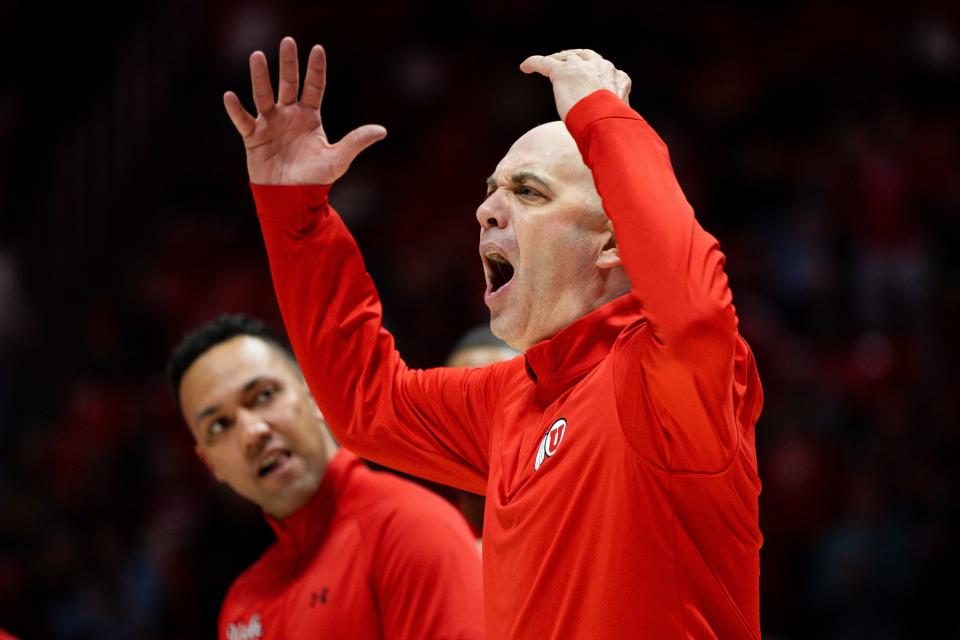 Utah Utes head coach Craig Smith hypes up the crowd after a good run for the Utes during a men’s college basketball game between the University of Utah and Washington State University at the Jon M. Huntsman Center in Salt Lake City on Friday, Dec. 29, 2023. The Utes won the game 80-58. | Megan Nielsen, Deseret News