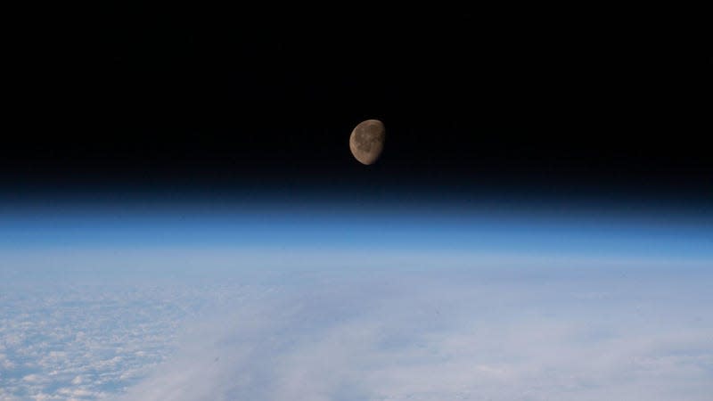 The waning gibbous Moon above Earth’s horizon, as seen from the ISS on February 10, 2023.