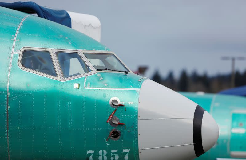 The nose of a Boeing 737 Max aircraft is pictured at a storage area at Boeing's 737 Max production facility in Renton