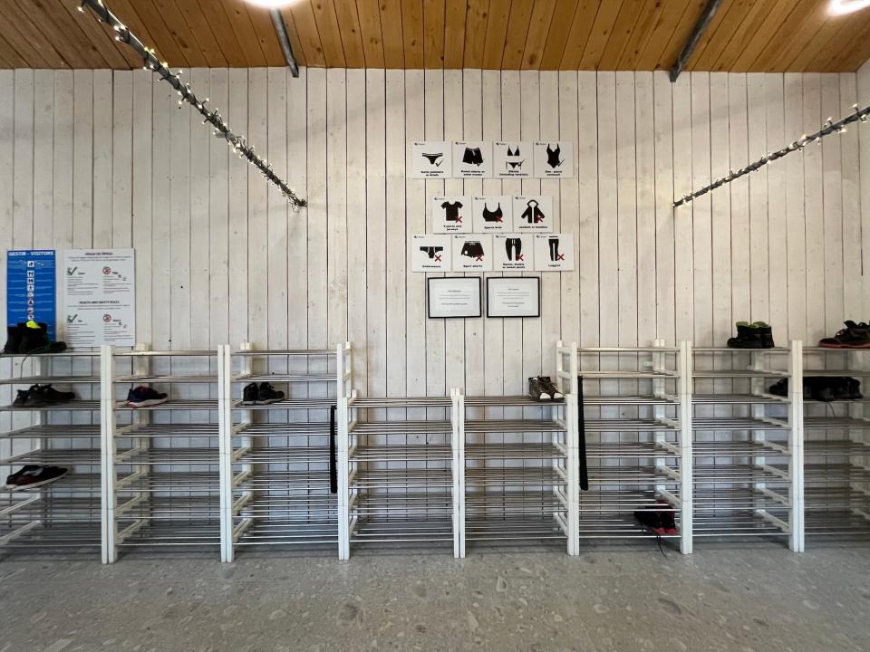 Shelves outside the locker room at the Secret Lagoon.