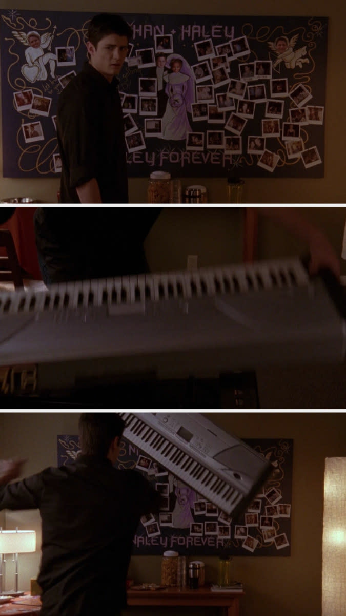 Nathan alone in apartment after Haley leaves, throws keyboard