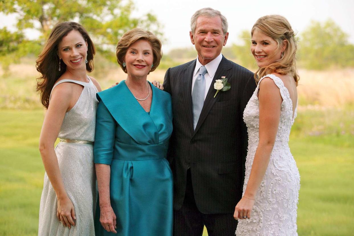 President George W. Bush and first lady Laura Bush, pose with their daughters Jenna Bush, 26, right, and Barbara Bush, left, pose for photos prior to Jenna's marriage to Henry Hager at the Bush family's Prairie Chapel Ranch in Crawford, Texas, Saturday, May 10, 2008. Barbara was her twin sister's maid of honor.