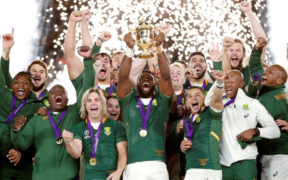 South Africa's Siya Kolisi celebrates with the Webb Ellis trophy in 2019  - Reuters