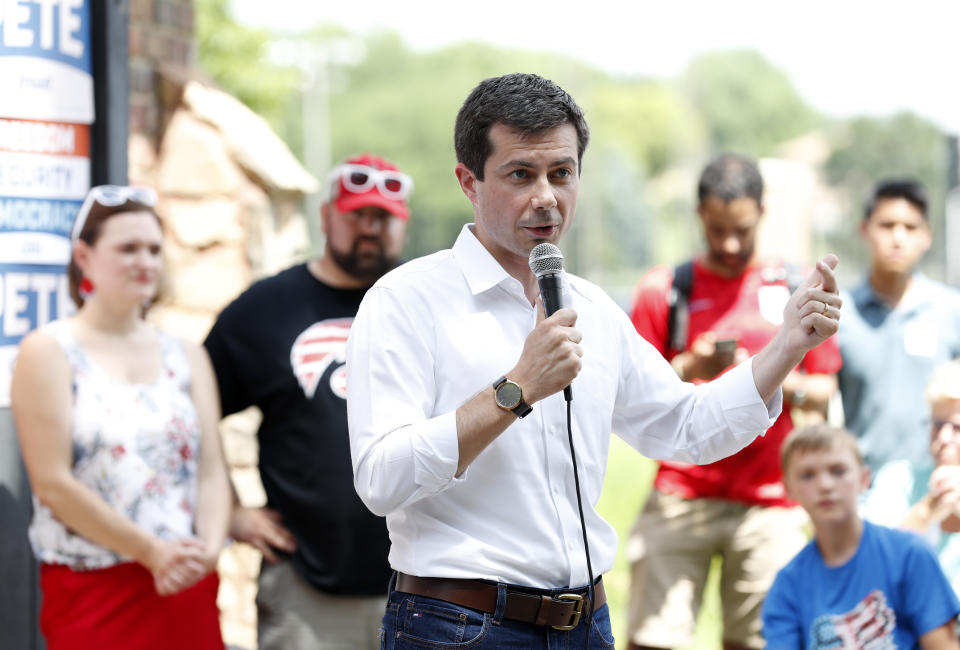 In this July 4, 2019 photo, Democratic presidential candidate South Bend Mayor Pete Buttigieg speaks at the Carroll County Democrats Fourth of July Barbecue in Carroll, Iowa. Buttigieg has money _ far more than the mayor of South Bend, Indiana, expected to have at this stage of the Democratic presidential primary. Now he needs to turn that money into a formidable campaign to ensure his support from donors is matched by backing from voters. (AP Photo/Charlie Neibergall)