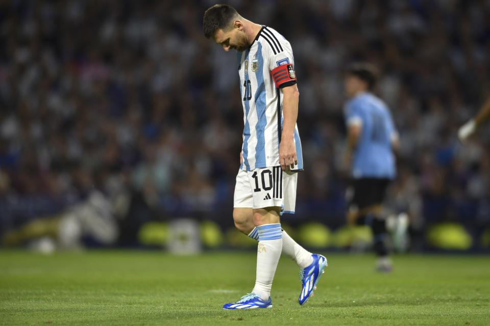 Argentina's Lionel Messi reacts during a qualifying soccer match for the FIFA World Cup 2026 against Uruguay at La Bombonera stadium in Buenos Aires, Argentina, Thursday, Nov. 16, 2023. (AP Photo/Gustavo Garello)