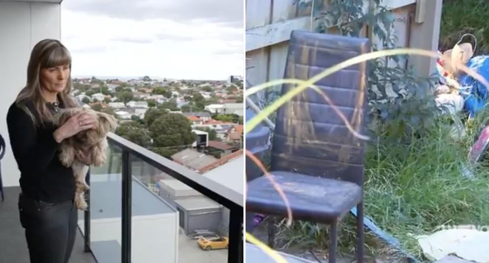 Nicole Hicks on her hotel balcony and rubbish in her home's backyard. 