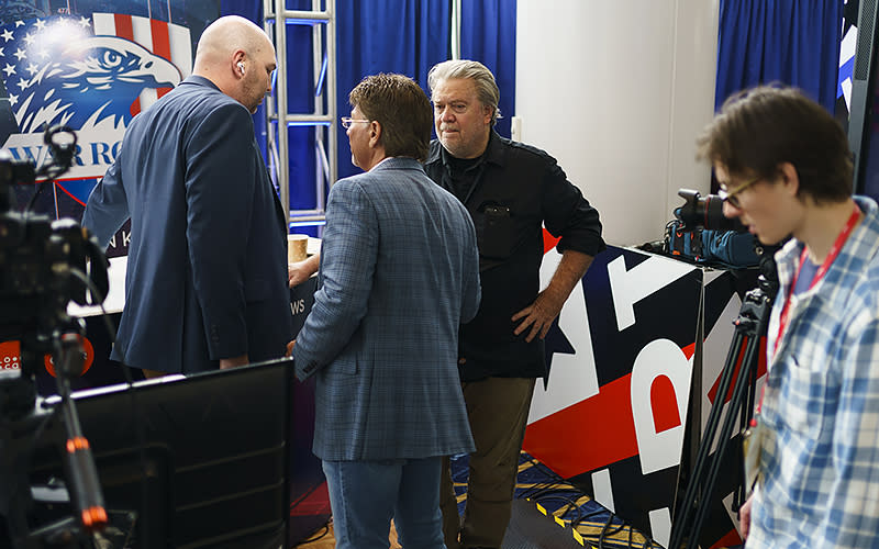 Former Trump White House chief strategist Stephen Bannon is seen during the Conservative Political Action Conference (CPAC) at the Gaylord National Resort and Convention Center in National Harbor, Md., on Thursday, March 2, 2023. <em>Greg Nash</em>