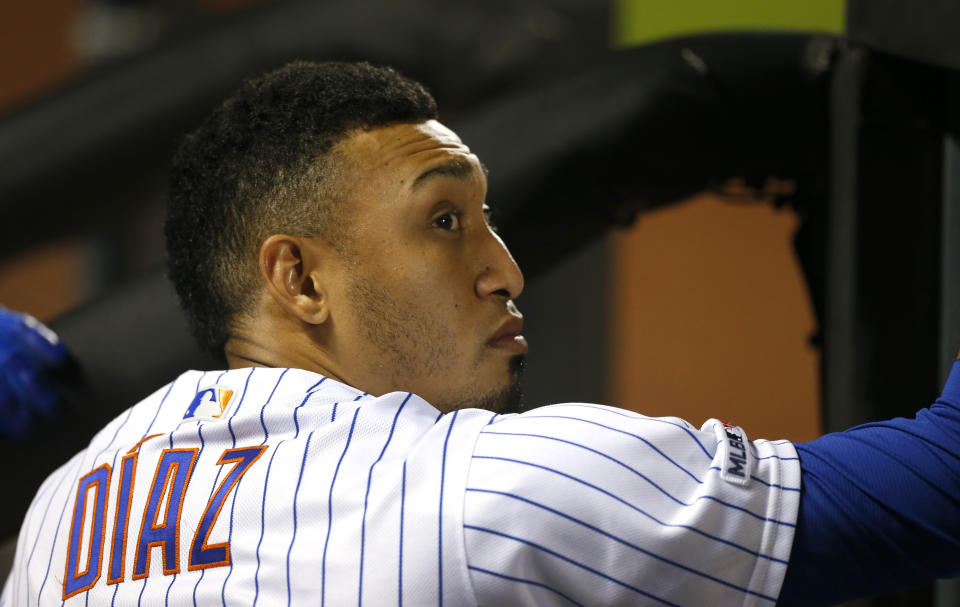 Sep 6, 2019; New York City, NY, USA; New York Mets relief pitcher Edwin Diaz (39) looks at the scoreboard in the tenth inning of game against the Philadelphia Phillies at Citi Field. Mandatory Credit: Noah K. Murray-USA TODAY Sports