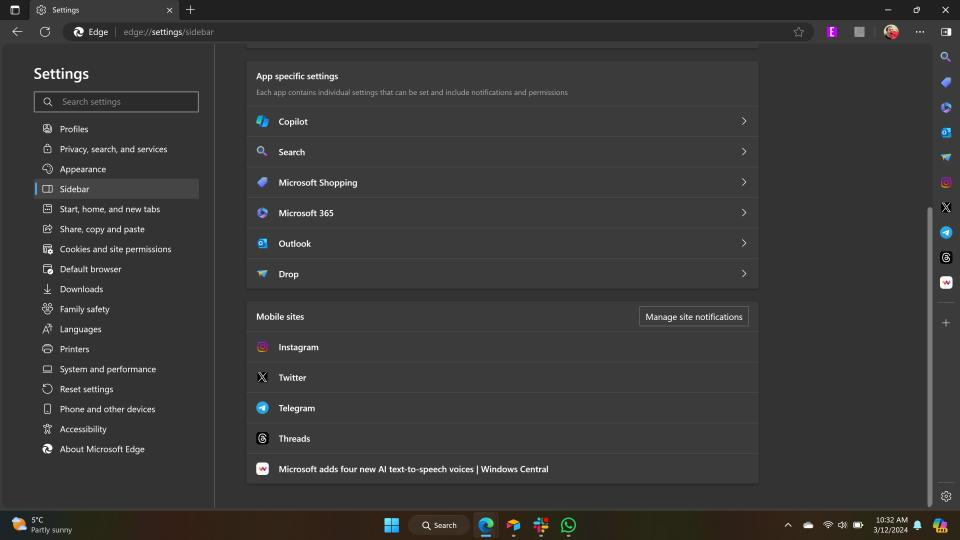 Microsoft Edge Sidebar settings