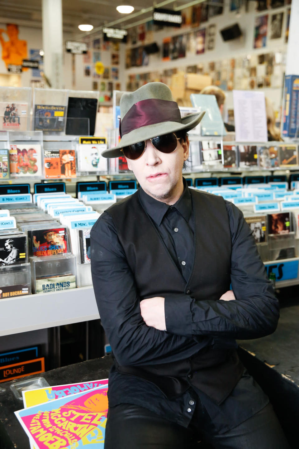 The man in black: Marilyn Manson strikes a pose at Stella McCartney’s autumn 2016 show at Amoeba Music in Los Angeles.