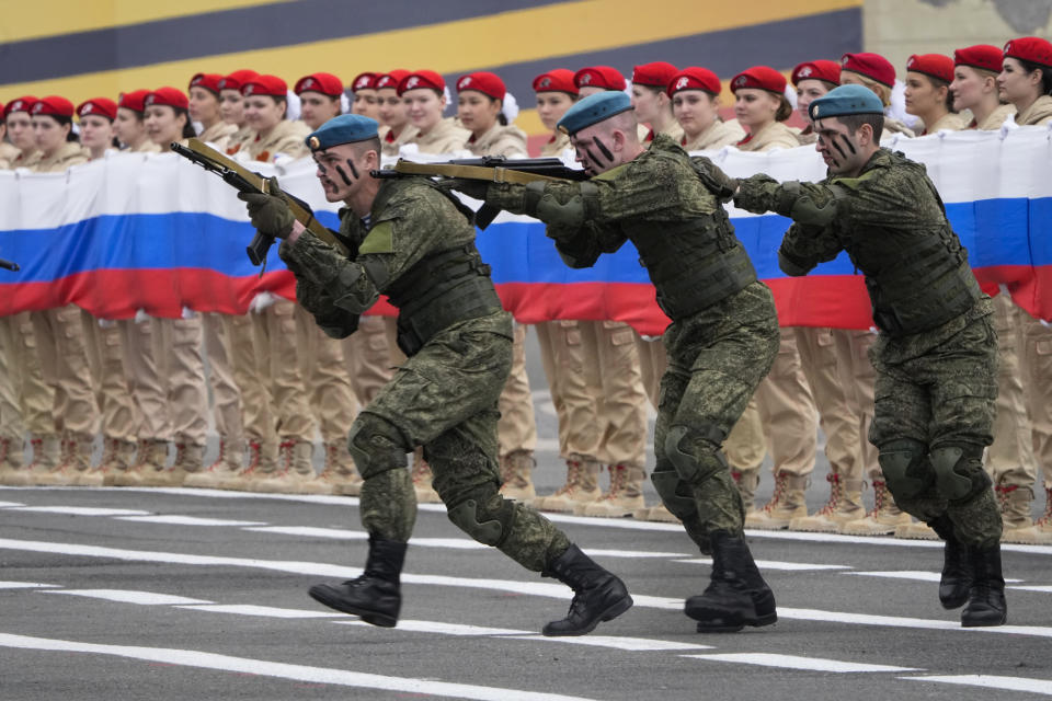 Military cadets demonstrate their skills during a rehearsal for the Victory Day military parade which will take place at Dvortsovaya (Palace) Square on May 9 to celebrate 78 years after the victory in World War II in St. Petersburg, Russia, Sunday, May 7, 2023. (AP Photo/Dmitri Lovetsky)