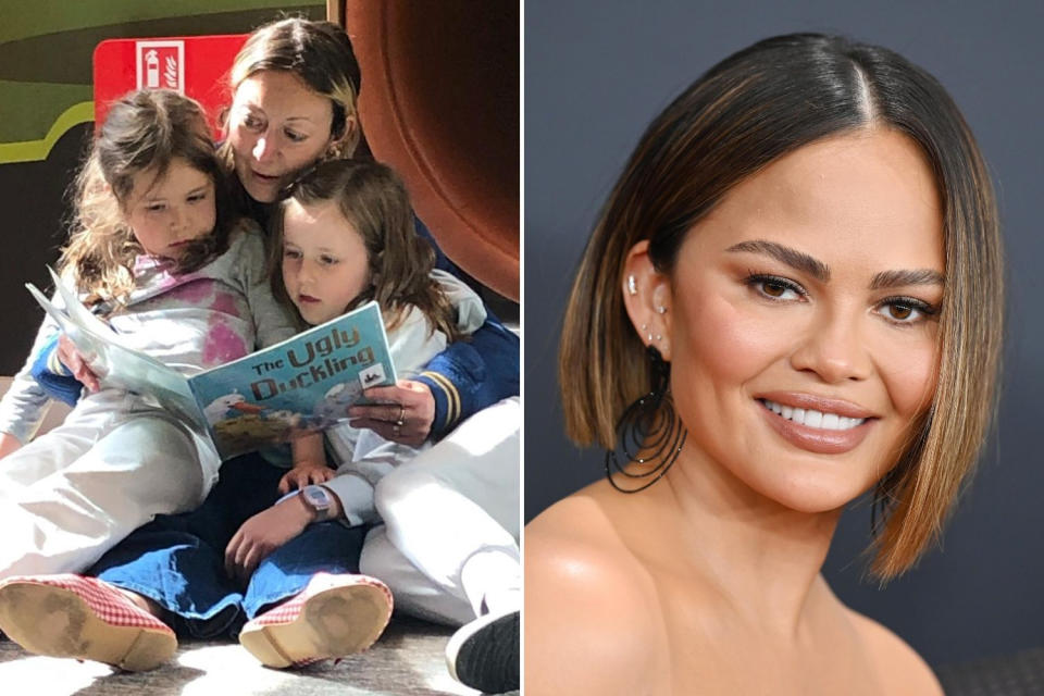 Writer Jennifer Barton, who happily shares a bath with her seven and nine-year-old daughters and Chrissy Teigen, right, who caused a stir by posting a family bathtime pic on Instagram. (Supplied/Getty Images)