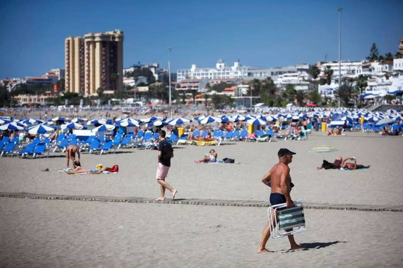 Tourists on the beach in Tenerife with lines of sunloungers