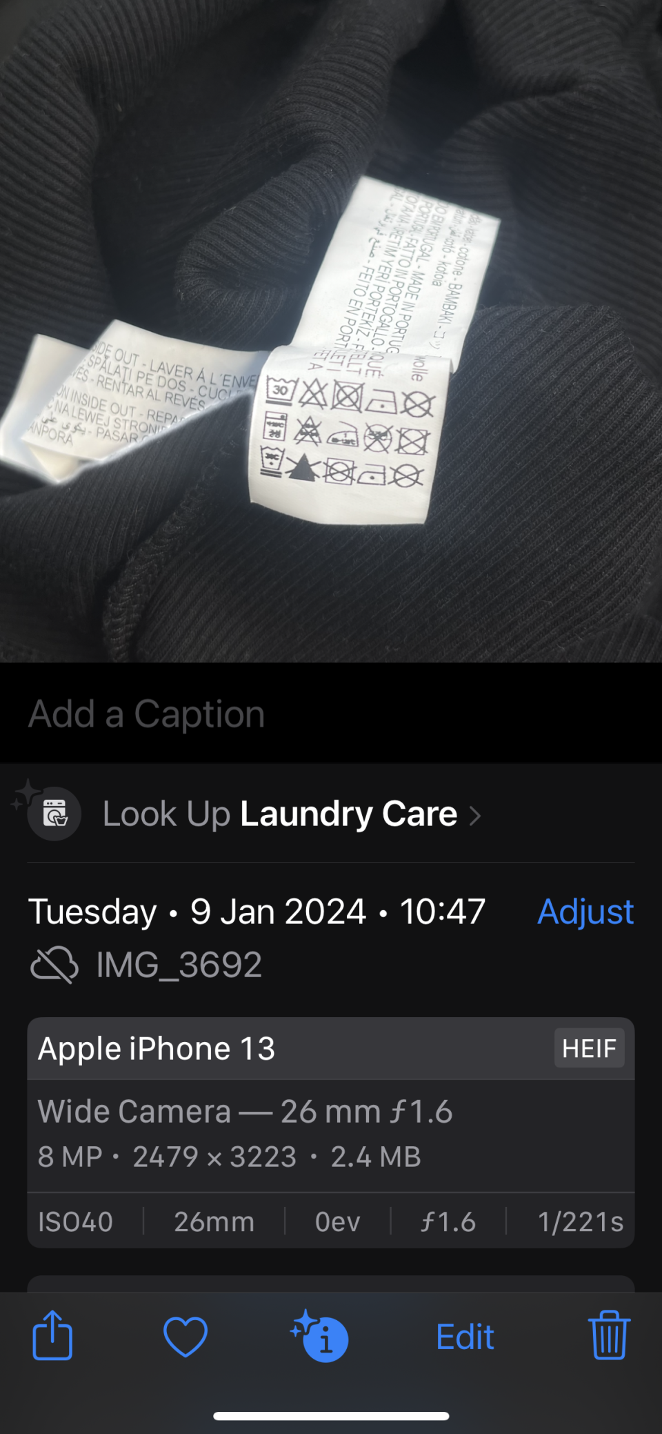 A phone setting screen displaying laundry care options