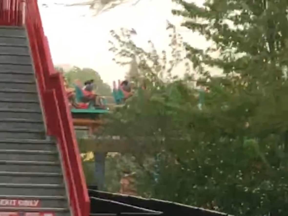 Riders stuck on the Behemoth roller coaster at Canada's Wonderland after a power outage occurred during Saturday's storm, halting with visitors on board. (Submitted by Lynn Ritchie - image credit)