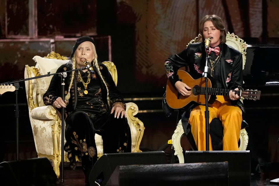 Joni Mitchell performs with Brandi Carlile during the 66th Annual Grammy Awards at Crypto.com Arena in Los Angeles on Sunday, Feb. 4, 2024. (Credit: Robert Hanashiro-USA TODAY)