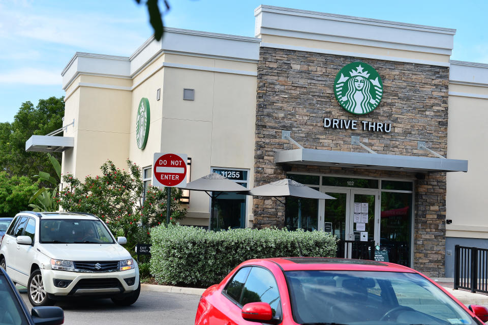 PEMBROKE PINES, FLORIDA - JULY 16: A view outside a Starbucks coffe store on July 16, 2020 in Pembroke Pines, Florida. Some major U.S. corporations are requiring masks to be worn in their stores upon entering to control the spread of COVID-19. (Photo by Johnny Louis/Getty Images