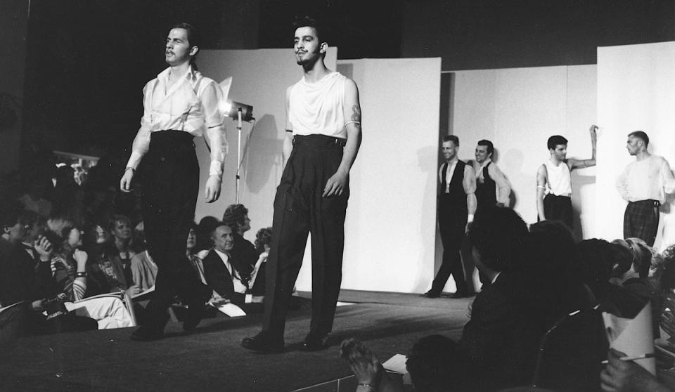 A runway shot from Stephen’s degree-show collection of menswear titled “Reluctant Emigrés” at St Martin’s School of Art, as it was called at the time, June 30 1981 (David Johnson)