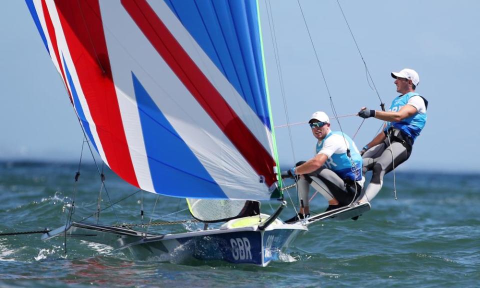 Dylan Fletcher and Stuart Bithell during the 49er medal race in Enoshima