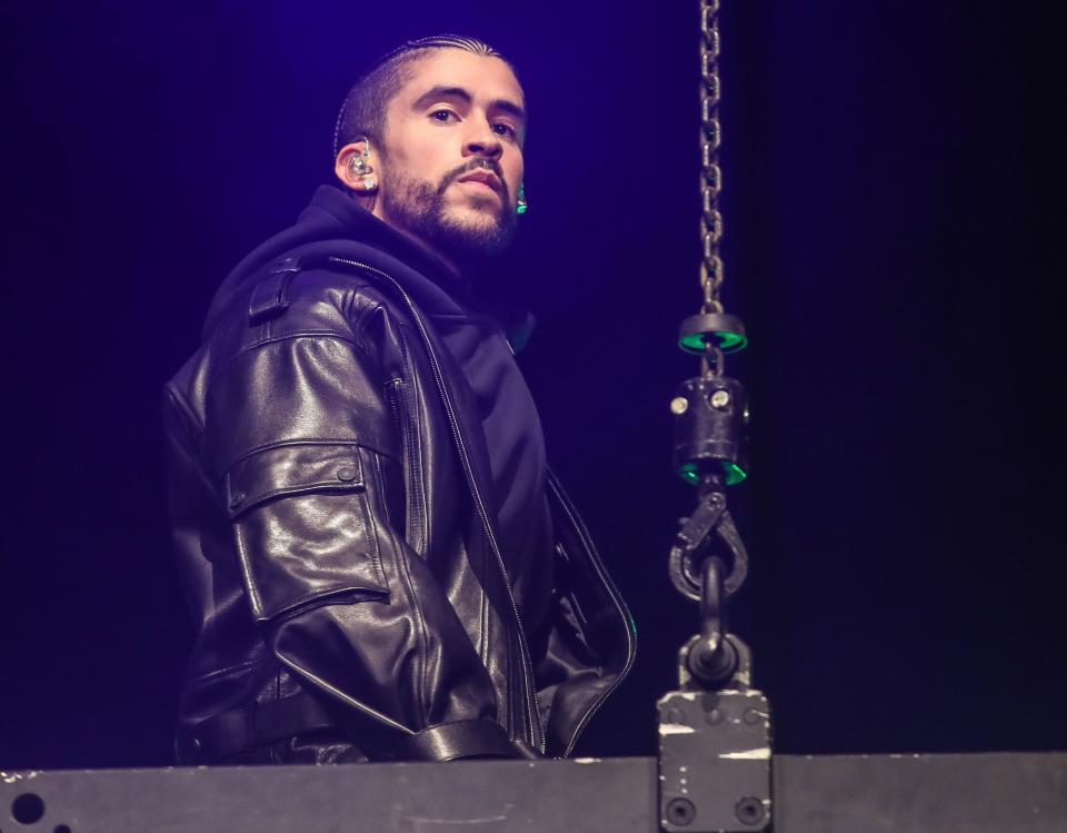 Bad Bunny performs on the Coachella Stage at the Coachella Valley Music and Arts Festival at the Empire Polo Club in Indio, Calif., Friday, April 21, 2023. 