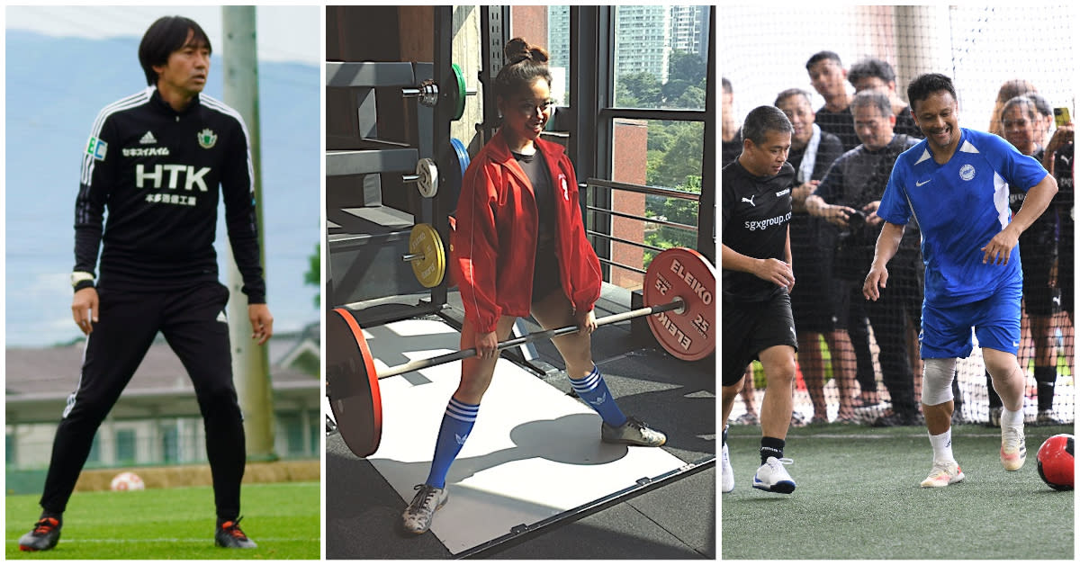 (From left) Singapore national football head coach Takayuki Nishigaya, national powerlifter Farhanna Farid, and Minister Edwin Tong and Fandi Ahmad at the SGX Cares Bull Charge Charity Futsal event. (PHOTOS: SGX/Yahoo News Singapore)