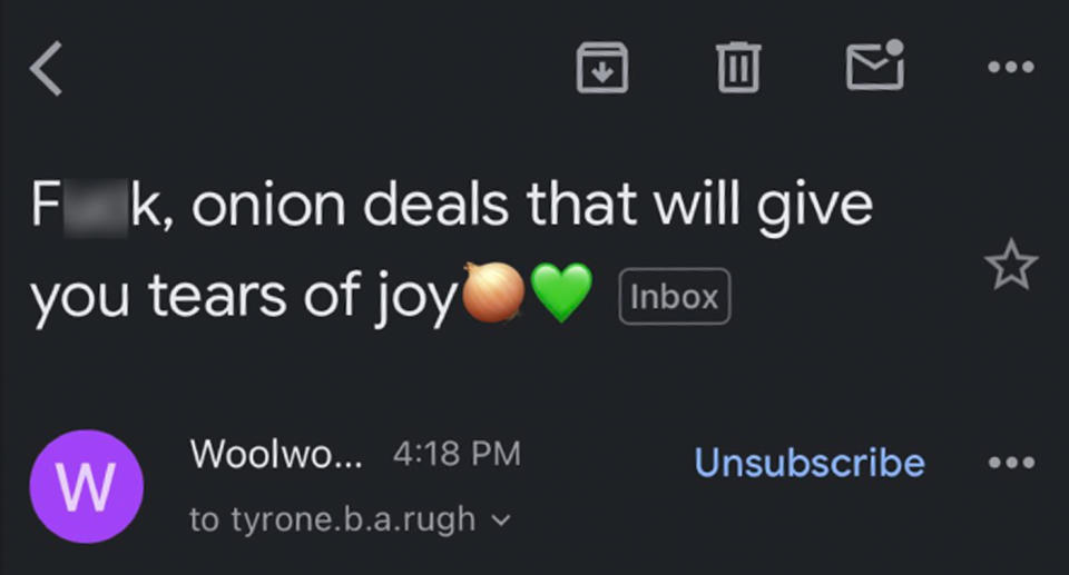 A email header reads, 'F**k, onion deals that will give you tears of joy'.