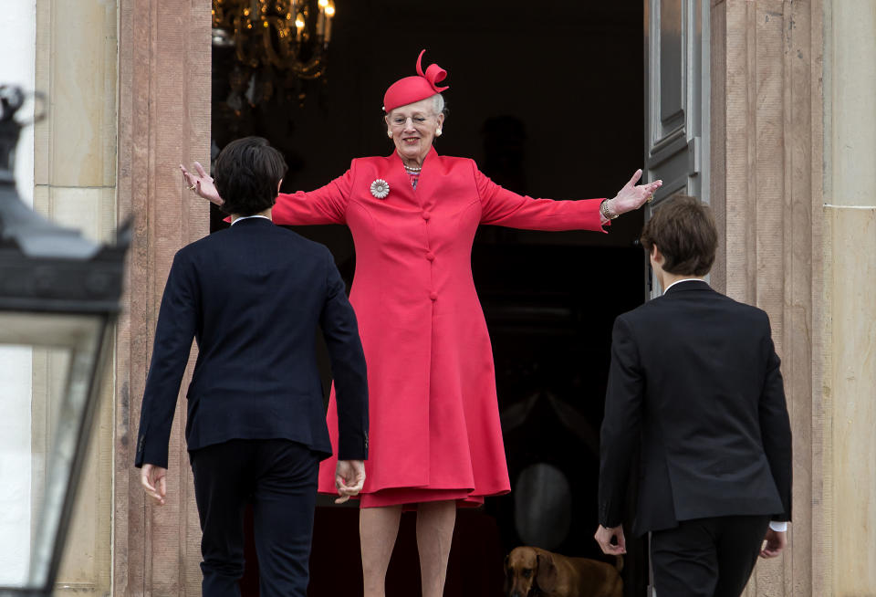 FREDENSBORG, DENMARK - MAY 15: Queen Margrethe of Denmark at the main entrance to Frederiksborg Palace where she welcomes her grandchildren, Prince Felix and Prince Nikolaj, on the occasion of the confirmation of Prince Christian on May15, 2021 in Fredensborg, Denmark. The confirmation was postponed a year due to the COVID-19 situation and took place together with the closest family and without guest from abroad, including Crown Princess Marys Australian family. Prince Christian (15 years) is the oldest of the Crown Prince familys 4 children. (Photo by Ole Jensen/Getty Images)