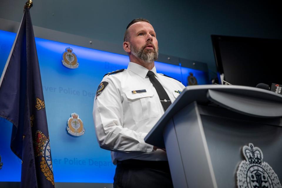 Vancouver Police Department’s Major Crime Section Inspector Mike Rowe provides updates on multiple violent incidents recently in Vancouver, B.C on Tuesday April 16, 2024.