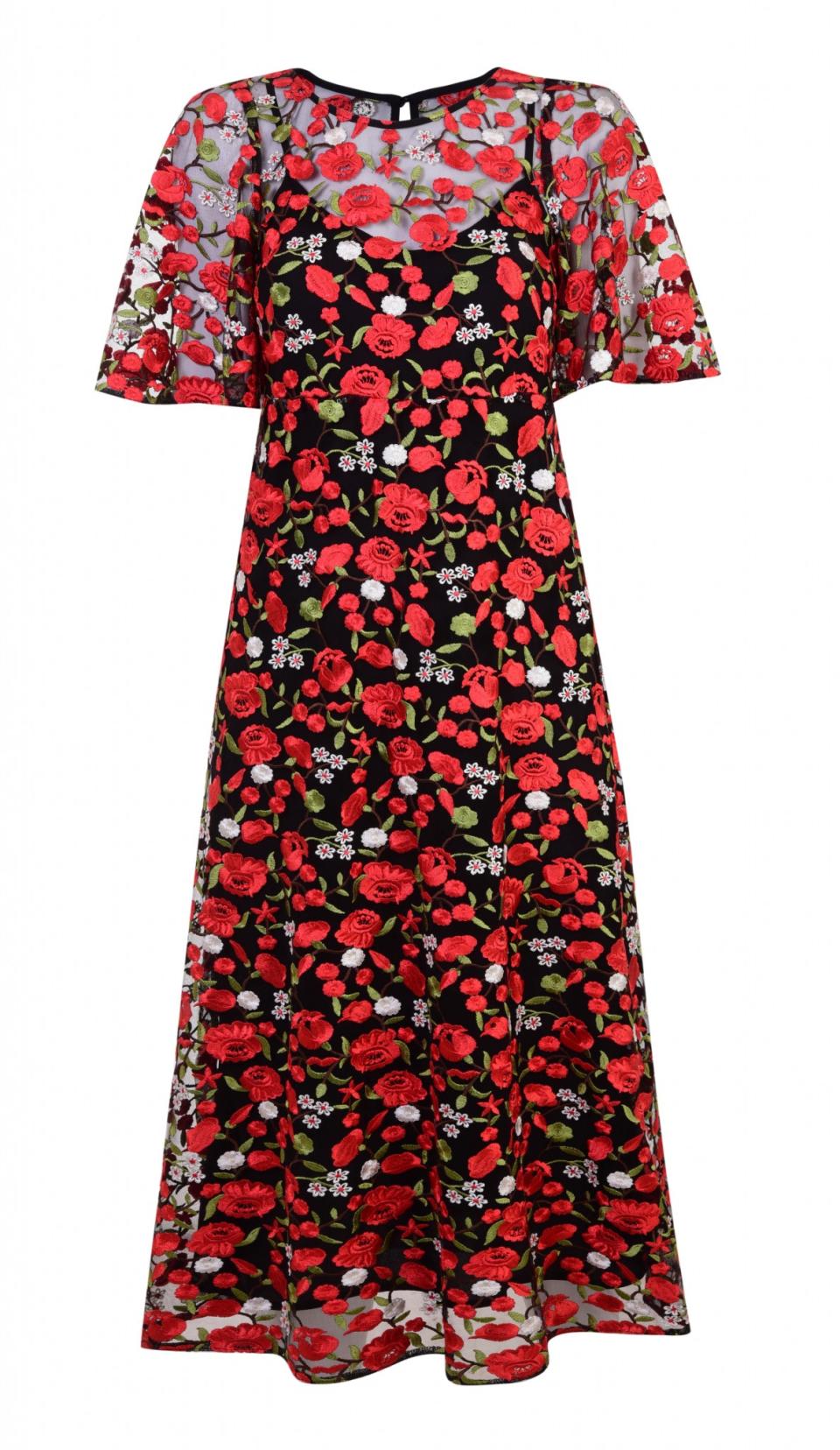 Red Floral Embroidered Midi Dress