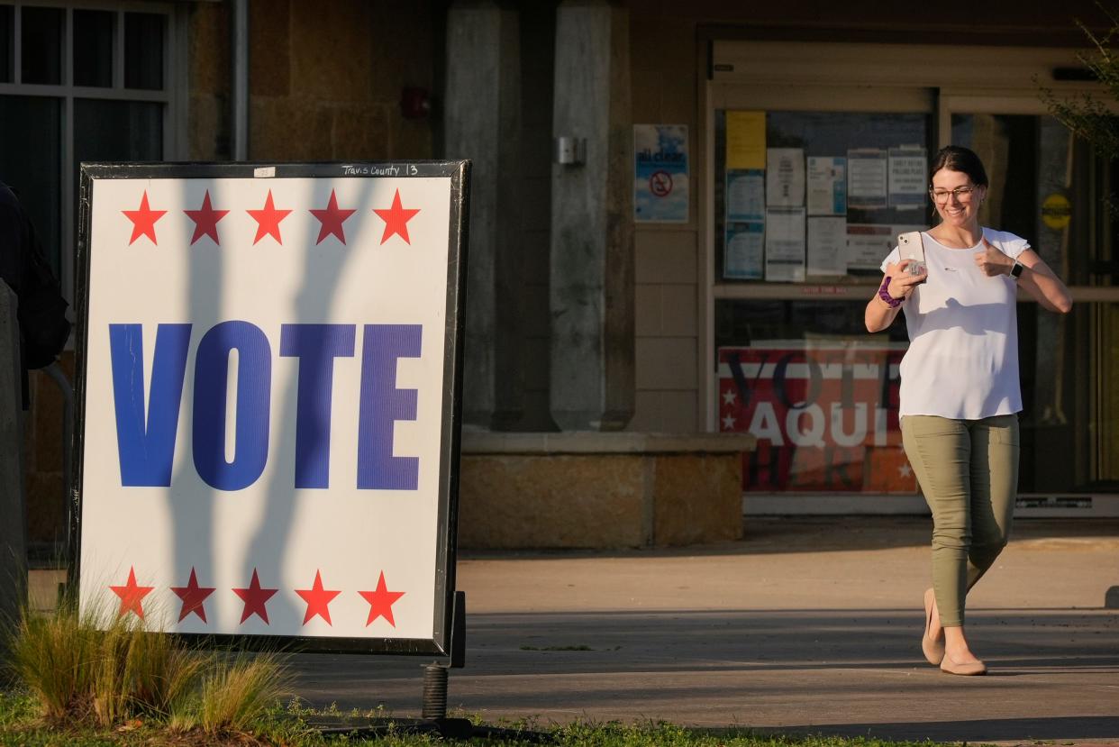 Katie Jo Muncie takes a selfie after voting in the Super Tuesday primary election at the Ruiz Branch Library Tuesday March 5, 2024.