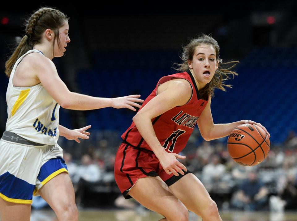 Gruver's Brenna Butler dribbles the ball against Lipan in the UIL Class 2A girls state championship basketball game, Saturday, March 4, 2023, at the Alamodome in San Antonio.