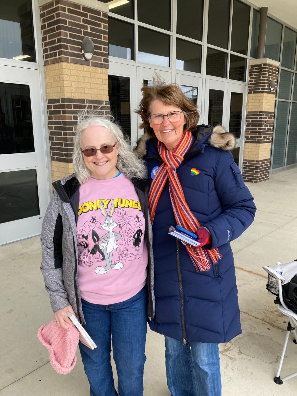 Julie Davis (left) and Elizabeth Lamping handed out candidate literature outside Beech Grove High School on Tuesday, May 2, 2023.