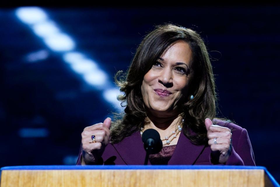 Democratic vice presidential candidate Sen. Kamala Harris, D-Calif., speaks during the third day of the Democratic National Convention, Wednesday, Aug. 19, 2020, at the Chase Center in Wilmington, Del.