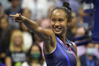 Leylah Fernandez, of Canada, reacts after defeating Aryna Sabalenka,of Belarus, during the semifinals of the US Open tennis championships, Thursday, Sept. 9, 2021, in New York. (AP Photo/Seth Wenig)