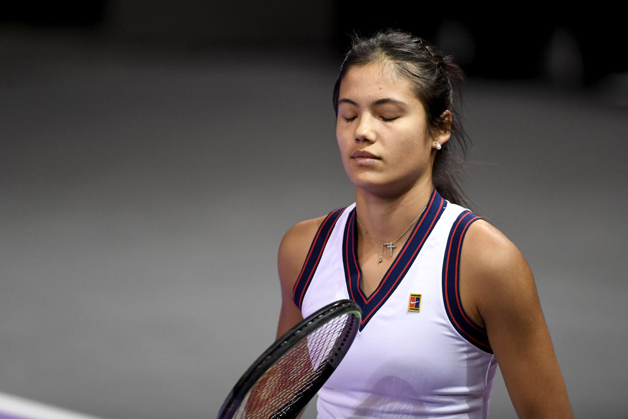 Portrait of Emma Raducanu in action - celebrating after scoring during her game against Marta Kostyuk    on day seven of Transylvania Open, WTA 250 Tour held in BT Arena Cluj-Napoca, 29 October 2021 (Photo by Flaviu Buboi/NurPhoto via Getty Images)