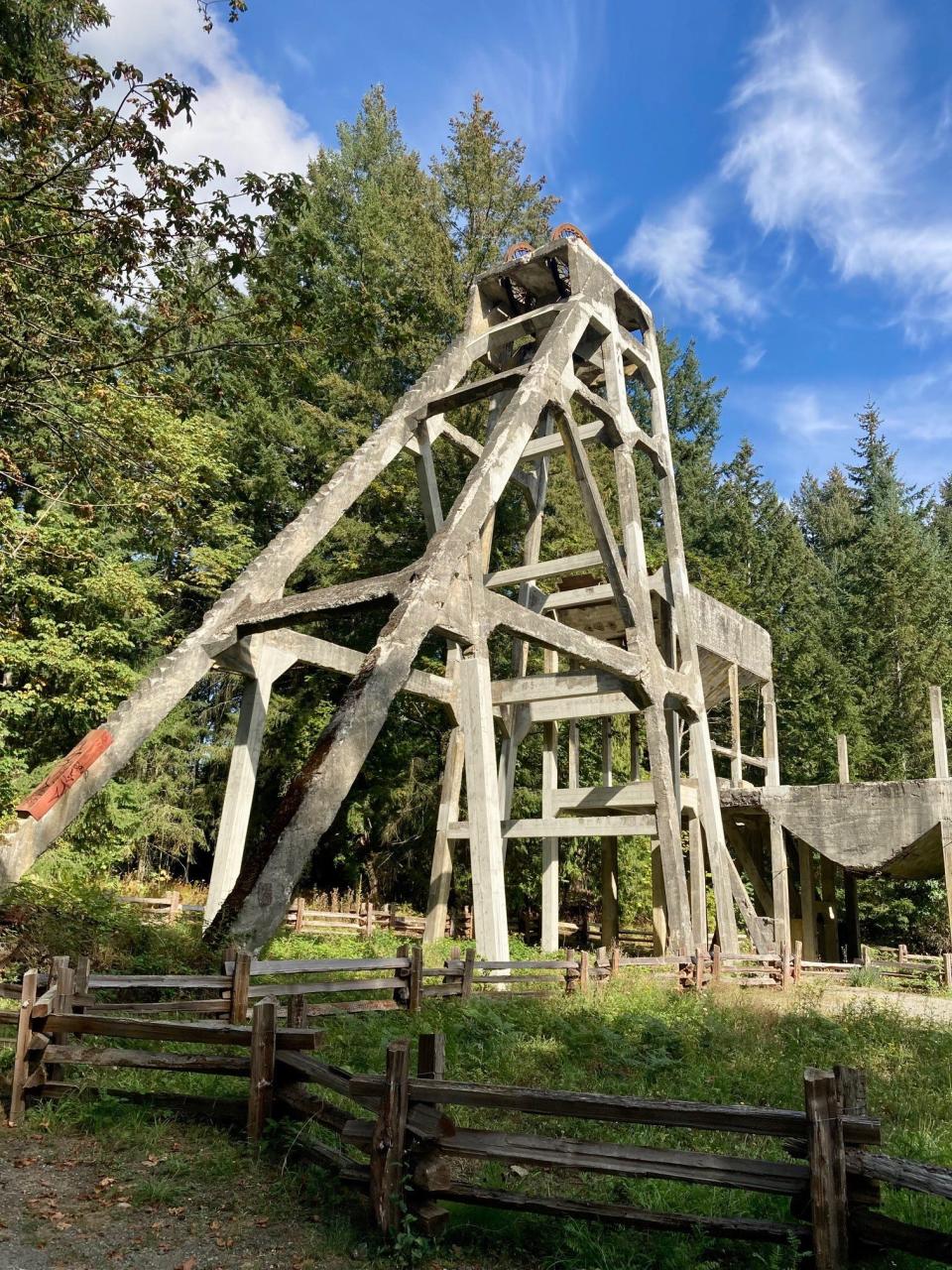 The 90-foot tall concrete headframe in Morden Colliery Provincial Park.