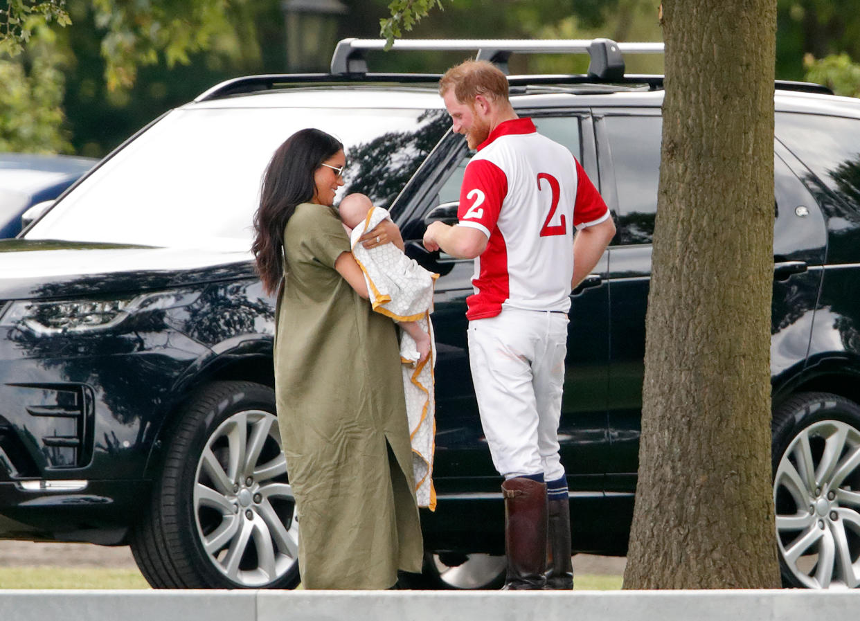 WOKINGHAM, UNITED KINGDOM - JULY 10: (EMBARGOED FOR PUBLICATION IN UK NEWSPAPERS UNTIL 24 HOURS AFTER CREATE DATE AND TIME) Meghan, Duchess of Sussex, Archie Harrison Mountbatten-Windsor and Prince Harry, Duke of Sussex attend the King Power Royal Charity Polo Match, in which Prince William, Duke of Cambridge and Prince Harry, Duke of Sussex were competing for the Khun Vichai Srivaddhanaprabha Memorial Polo Trophy at Billingbear Polo Club on July 10, 2019 in Wokingham, England. (Photo by Max Mumby/Indigo/Getty Images)