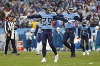 Tennessee Titans defensive back Dane Cruikshank (29) indicates a field goal attempt by the Miami Dolphins is no good in the second half of an NFL football game Sunday, Jan. 2, 2022, in Nashville, Tenn. (AP Photo/Wade Payne)