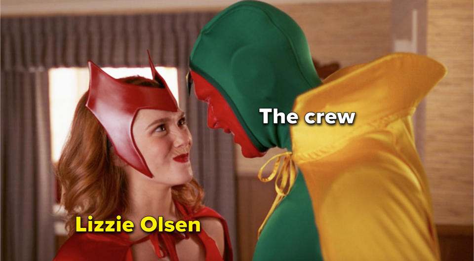 A meme of Wanda and Vision smiling lovingly at each other, with Wanda labeled "Lizzie Olsen" and Vision labeled "the crew"