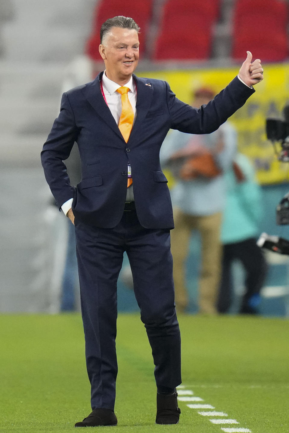 Head coach Louis van Gaal of the Netherlands smiles prior to the World Cup, group A soccer match between Senegal and Netherlands at the Al Thumama Stadium in Doha, Qatar, Monday, Nov. 21, 2022. (AP Photo/Petr David Josek)