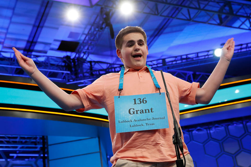 <p>Grant Taylor, 14, of Lubbock, Texas, reacts after spelling his word correctly in the 90th Scripps National Spelling Bee in Oxon Hill, Md., Wednesday, May 31, 2017. (AP Photo/Jacquelyn Martin) </p>