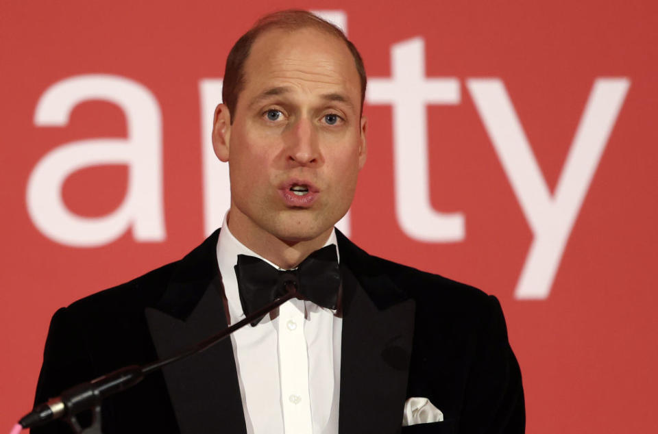 Britain's Prince William, Prince of Wales delivers a speech during the London Air Ambulance Charity Gala Dinner at The OWO on February 7, 2024 in London, England