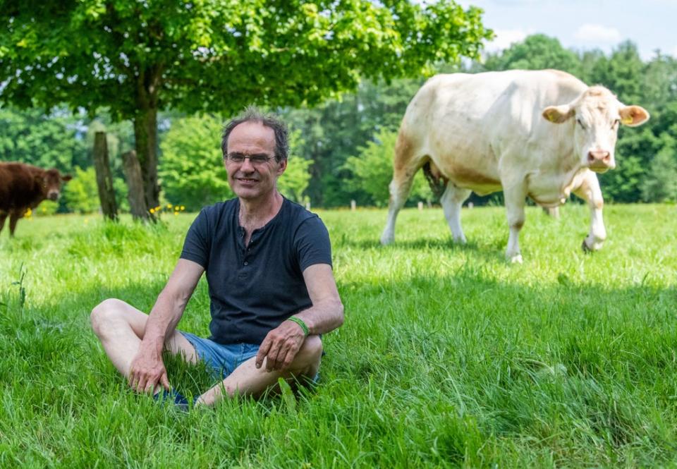 Allhoff-Cramer sits in a pasture next to one of his cows in Detmold, Germany (AP)