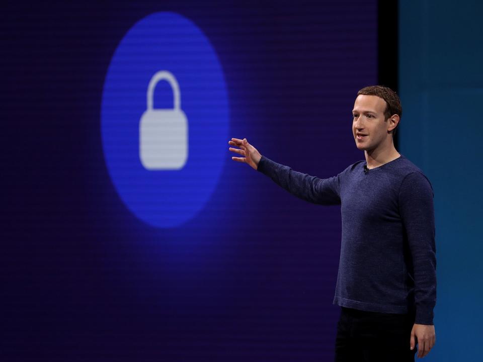 Facebook F8 2018 Zuckerberg talking lock symbol