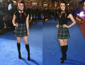 <p>Maisie Williams showcases her black knee high socks and matching strappy heels at the European Premiere of “Fantastic Beasts and Where to Find Them.” <i> (Photos: Getty Images) </i> </p>