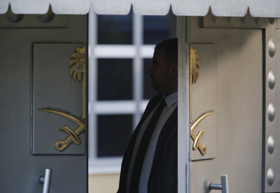 A security officer stands at the entrance to the Saudi Arabia consulate in Istanbul, Monday, Oct. 8, 2018. Turkey has summoned the Saudi ambassador to request the kingdom's "full cooperation" in an investigation into the disappearance of journalist Jamal Khashoggi, who Turkish officials say was killed while visiting the Saudi Consulate in Istanbul. The 59-year-old Khashoggi went missing last Tuesday while visiting the consulate for paperwork to marry his Turkish fiancee. (AP Photo/Lefteris Pitarakis)