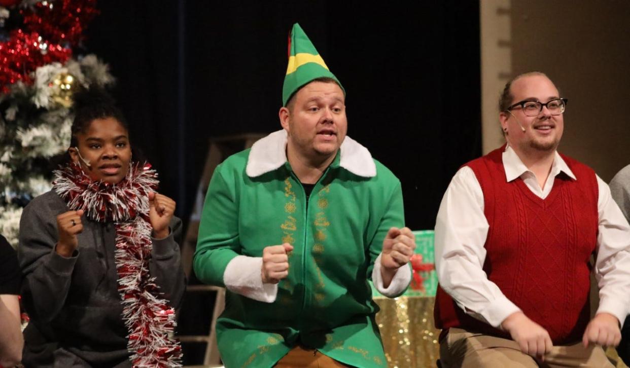 The New Castle Playhouse will be finishing their season with their production this month of "Elf the Musical." Pictured, from left to right, is Allyson Hood as Jovie, Brent Rodgers as Buddy the Elf, and Brian Mann as the store manager.