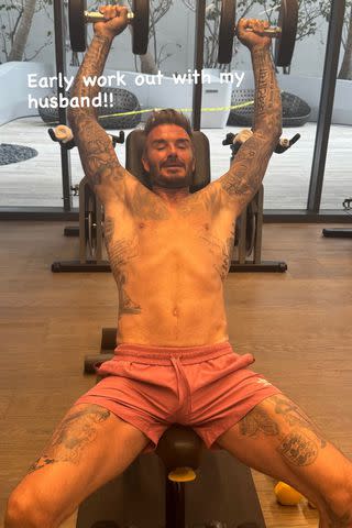 <p>Victoria Beckham/Instagram</p> David Beckham at the gym.