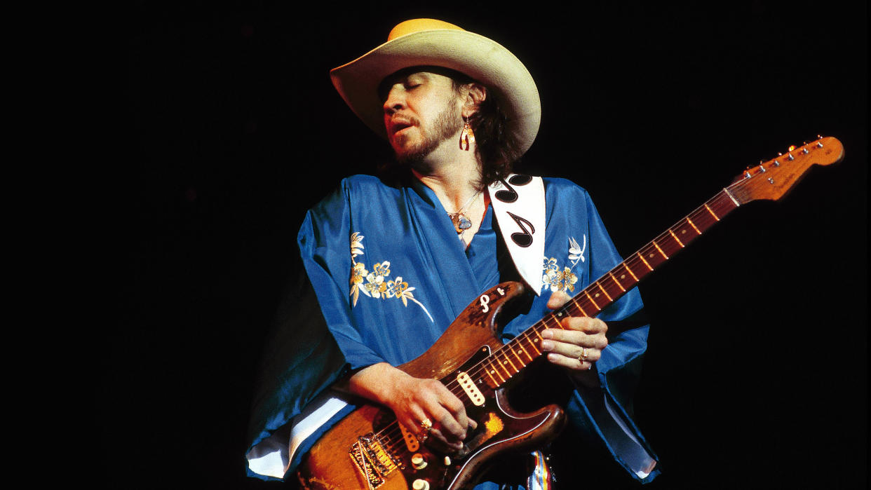  American musician, guitarist and singer Stevie Ray Vaughan (1954-1990) performs live on stage playing a Fender Stratocaster guitar (number one) during a concert performance in the United States in 1985. 